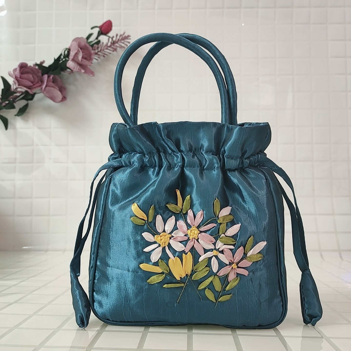 Handbag (Available) Handmade Floral Embroidery with Drawstring, Luxurious Women's Bag Made of 2-Layer Silk Fabric - 3