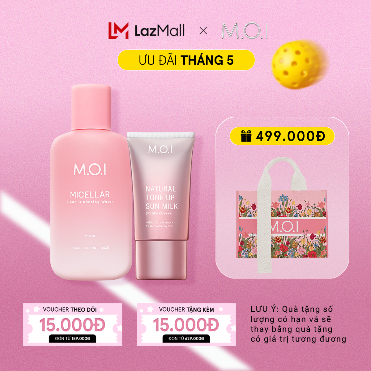 Bộ đôi Kem chống nắng Nâng tông M.O.I Natural Tone Up Sun Milk 40ml và Nước tẩy trang M.O.I Micellar Deep Cleansing Water 250ml