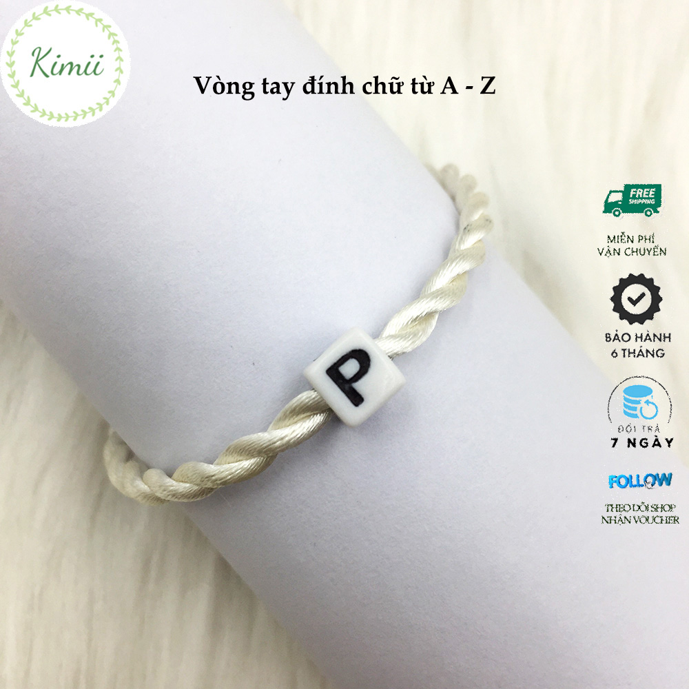 Vòng tay dây tim may mắn màu trắng đính chữ cái theo tên V135, Vòng tay phong thủy, Vòng tay handmade