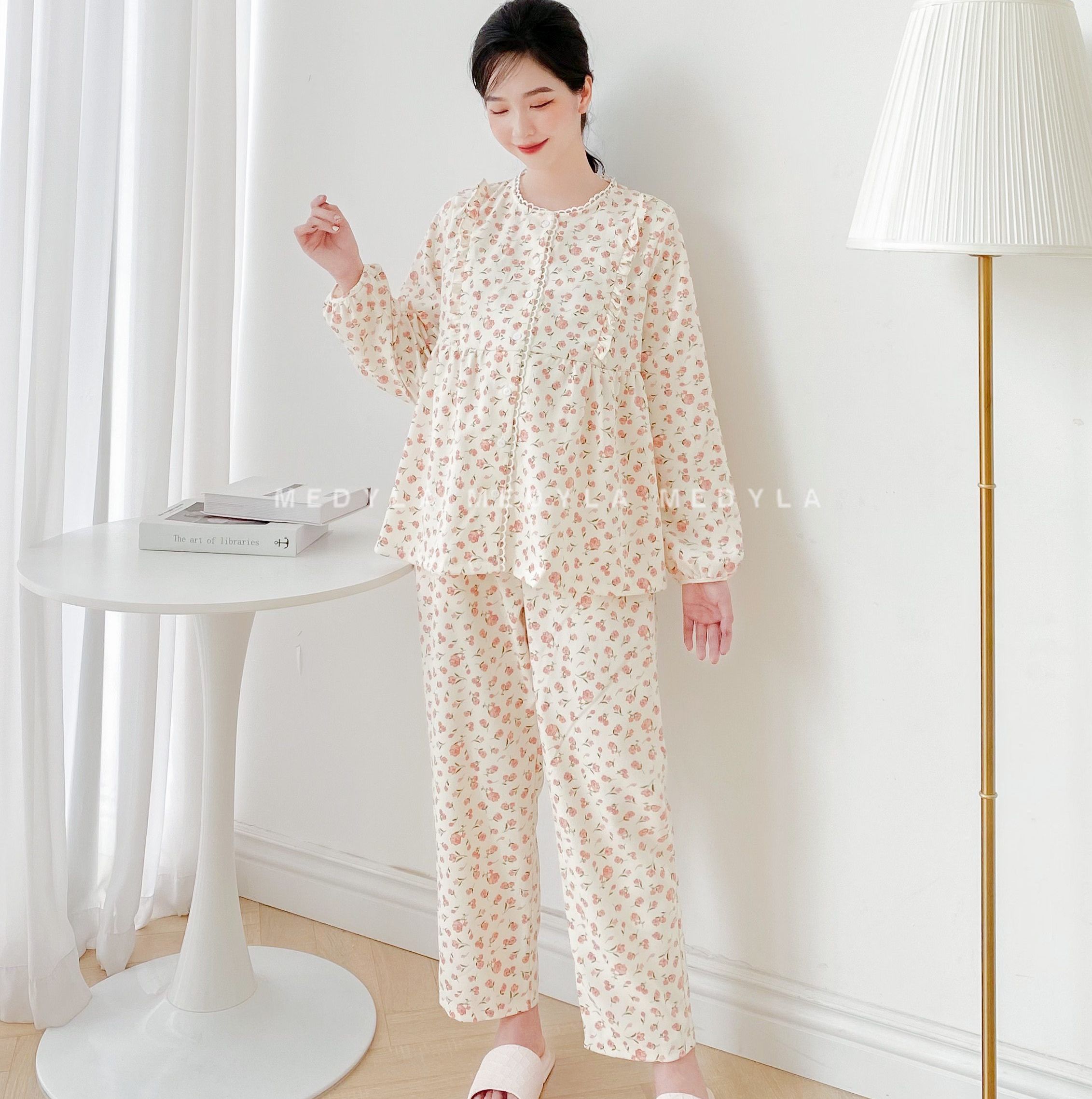 Medyla - bộ đồ bầu mặc nhà thu đông nhung tăm có khóa cho bầu mặc sau sinh - db320