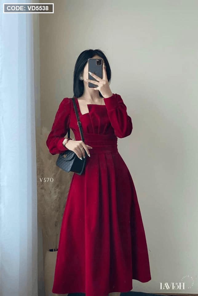 Đầm maxi đỏ ngực xếp ly kiểu bo eo - vd5538