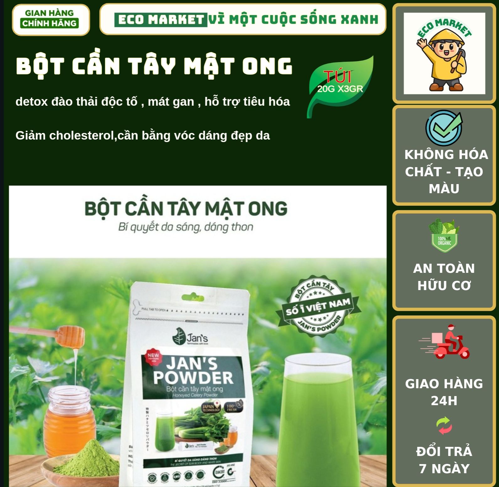 Bột cần tây mật ong sấy lạnh nguyên chất Jan's 60gr - chia 20 túi nhỏ tiện dụng