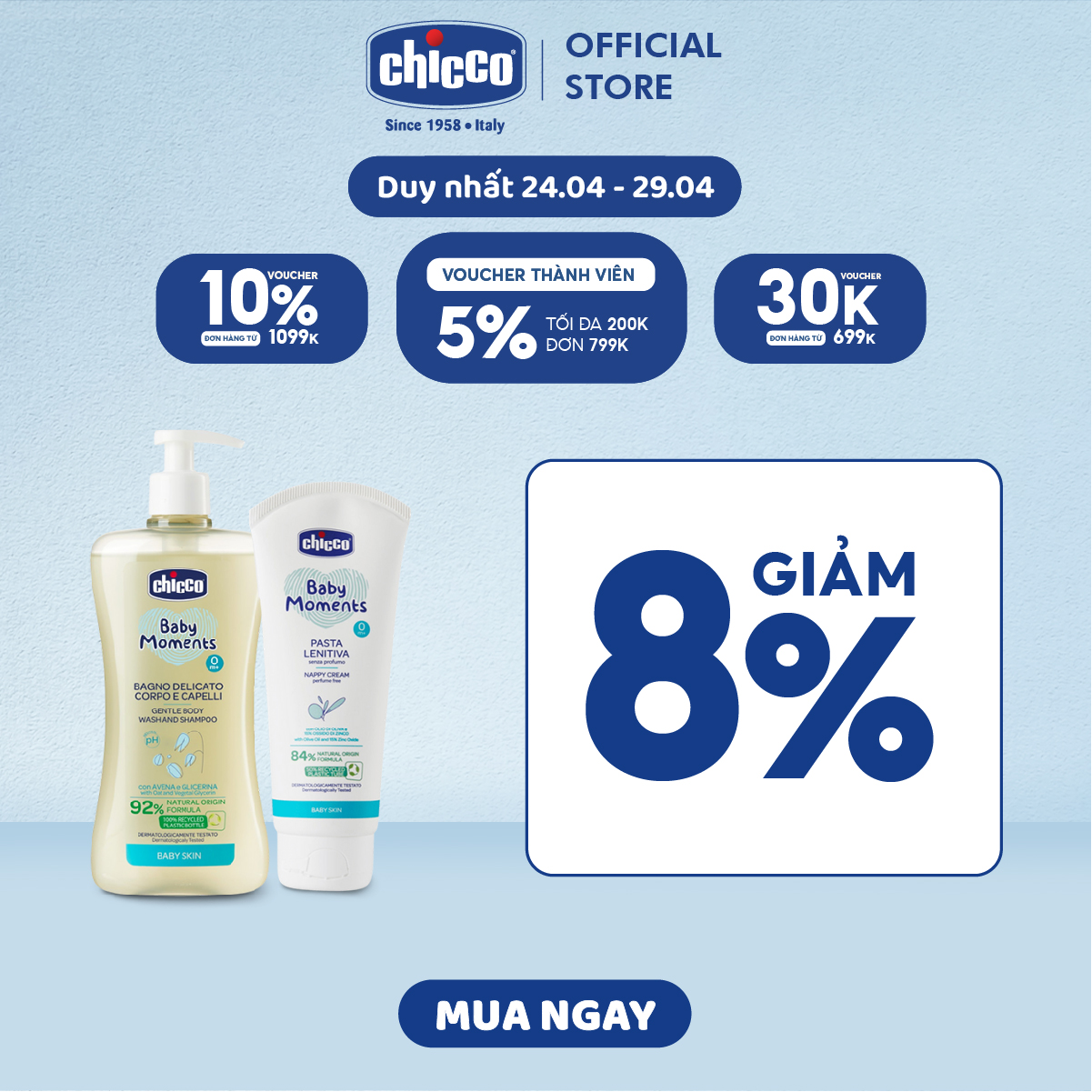 Combo sữa tắm gội chiết xuất yến mạch 0m+ chicco 500ml + kem hăm 3 tác động chicco 0m+ 100ml