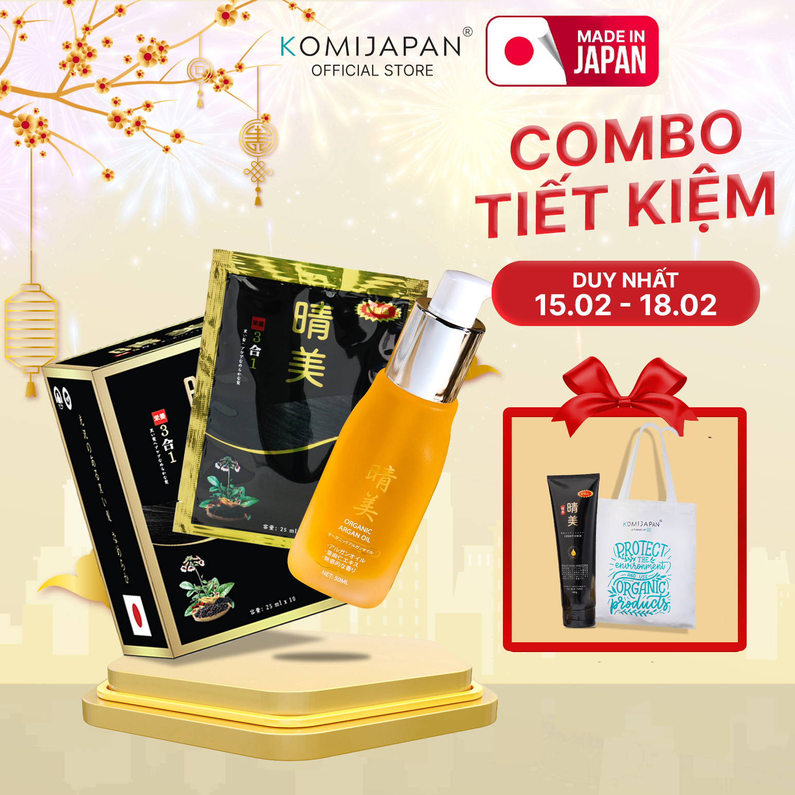 Combo dầu gội nhuộm phủ bạc hộp 250ml, và tinh dầu dưỡng tóc KOMI JAPAN chính hãng