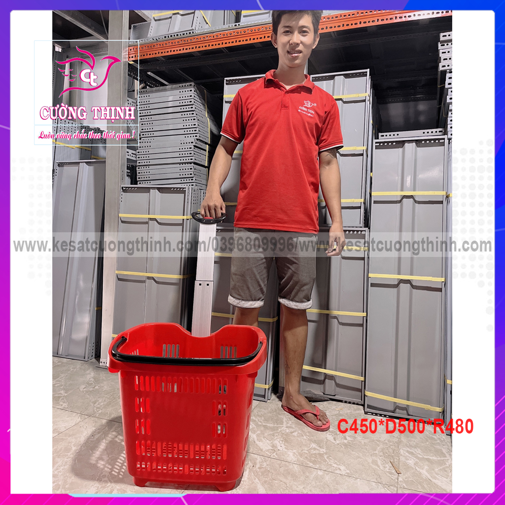 Giỏ kéo siêu thị, Giỏ đựng hàng, tay xách và bánh xe di chuyển.