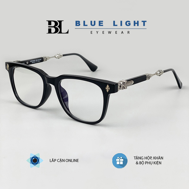 Kính Giả Cận, Gọng Kính Cận Nam Nữ Chrome Heart Cao Cấp Mắt Vuông Họa Tiết Bạc Tinh Sảo Hàn Quốc - BLUE LIGHT