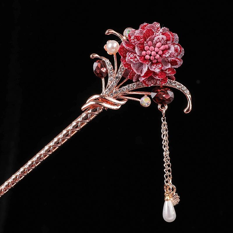 Cài tóc nữ cổ trang Trâm hoa hồng đỏ đun phong cách cổ đại