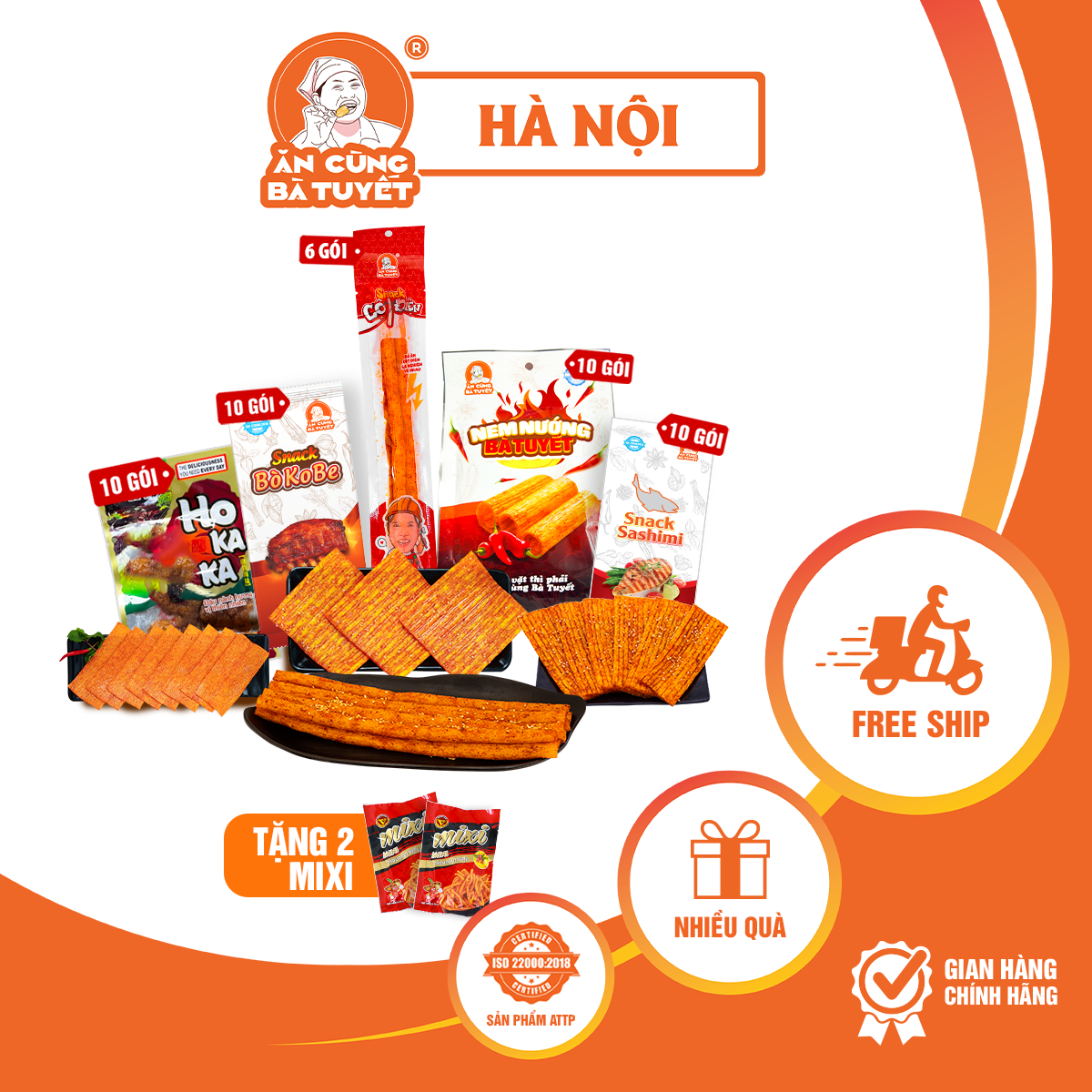 [ Tặng  2 mixi ] Combo CHIẾN BINH TẬN THẾ : 10 Gói Snack Nem Nướng B.T + 10 Gói Snack sashimi + 10 Gói Snack bò kobe 10 gói snack hô kaka+6 bò kobe - Đồ Ăn Vặt Snack Ăn Cùng Bà Tuyết  Đồ ăn vặt Việt Nam