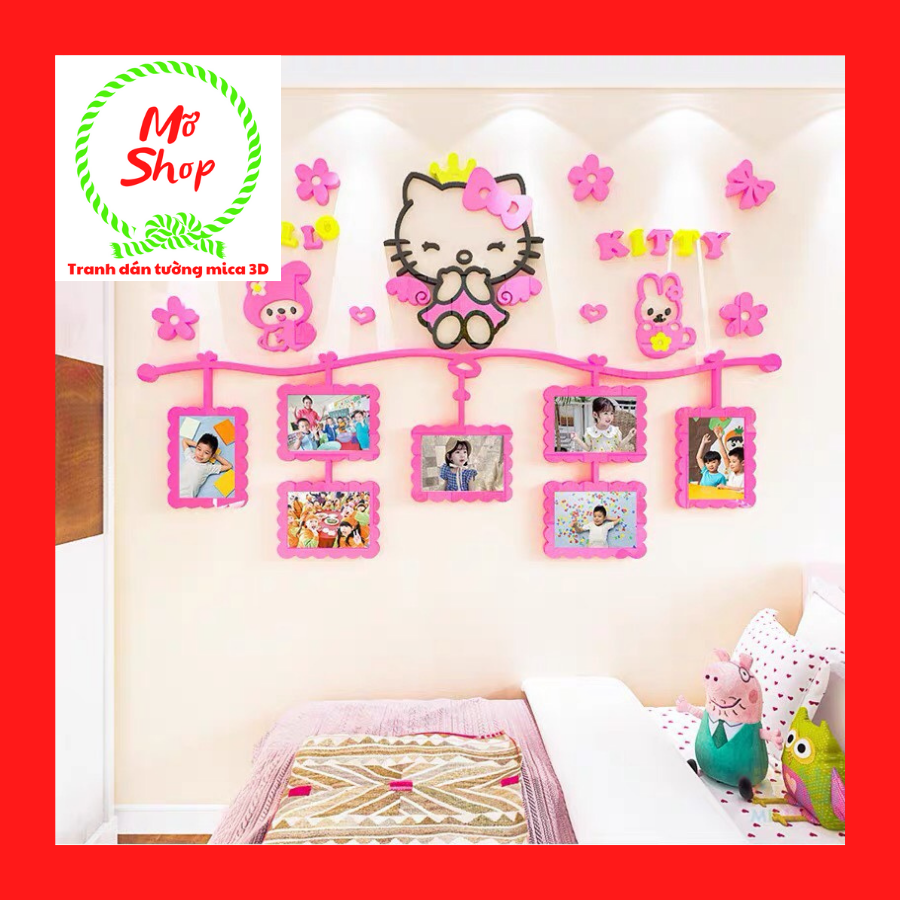 Tranh dán tường mica 3D kitty khung ảnh, mèo hello kitty dễ thương trang trí phòng bé gái