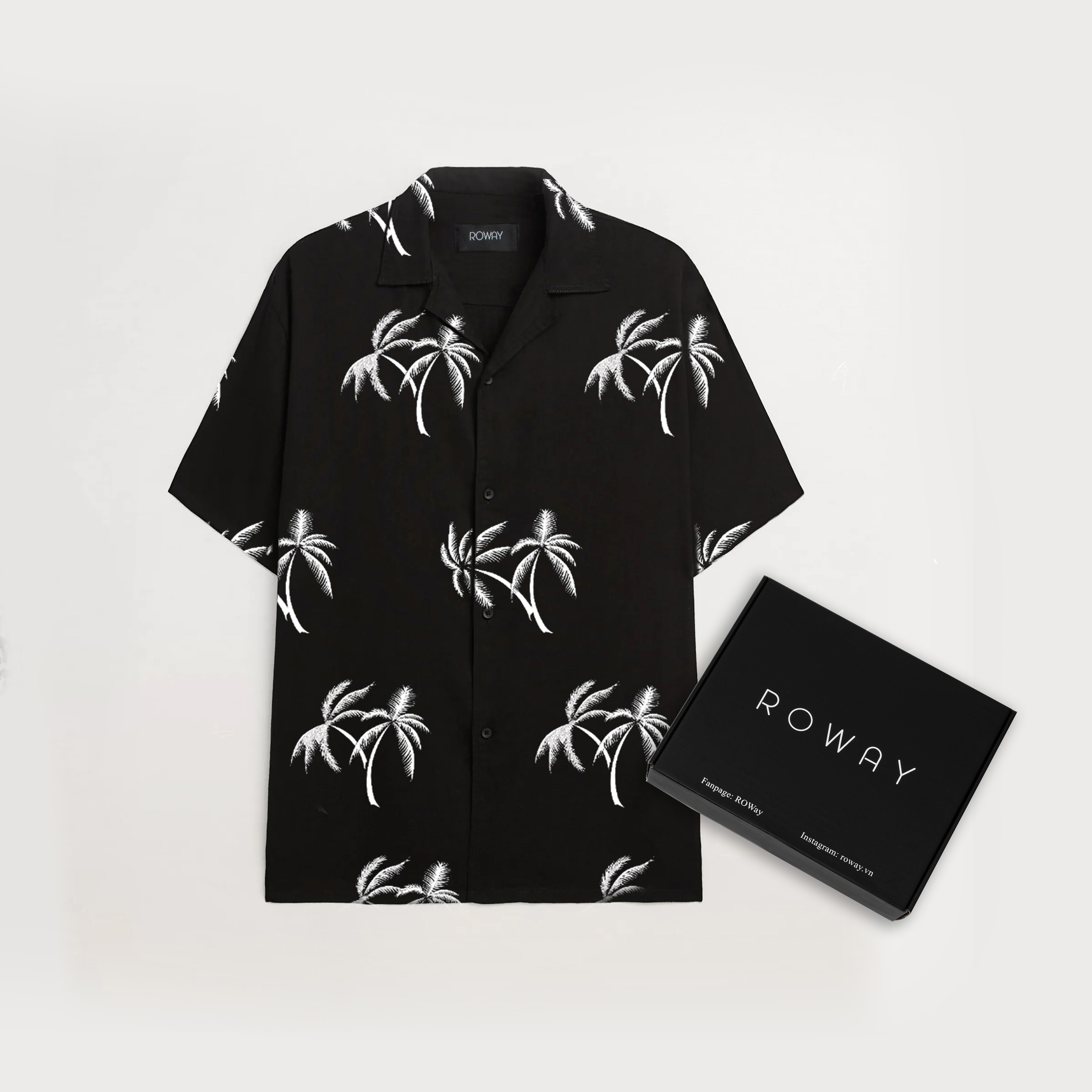 Áo sơ mi nam ROWAY Fullbox, vải lụa thoáng mát, không nhăn, form regular | Sơ mi họa tiết dừa đen