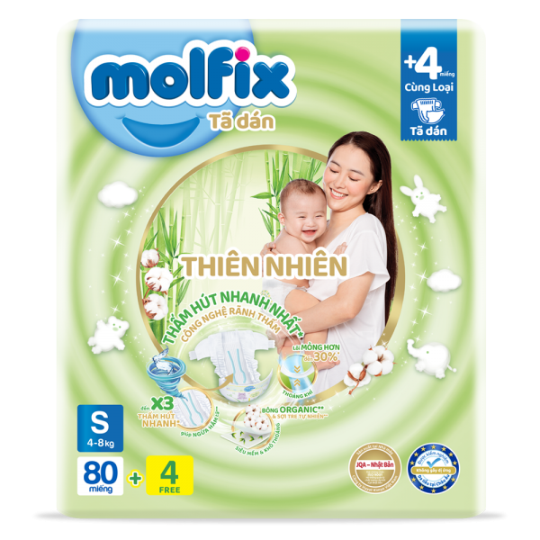 Bỉm dán thiên nhiên molfix nb70+6/s80+4/m76+6