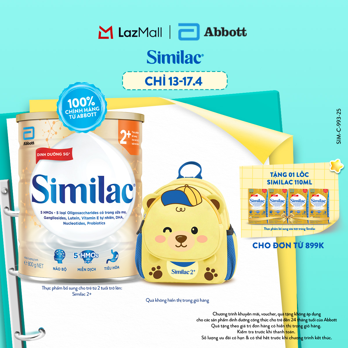 Sữa bột Similac 2+ 800g đột phá dinh dưỡng 5G cho trẻ từ 2-6 tuổi + Balo Gấu Similac