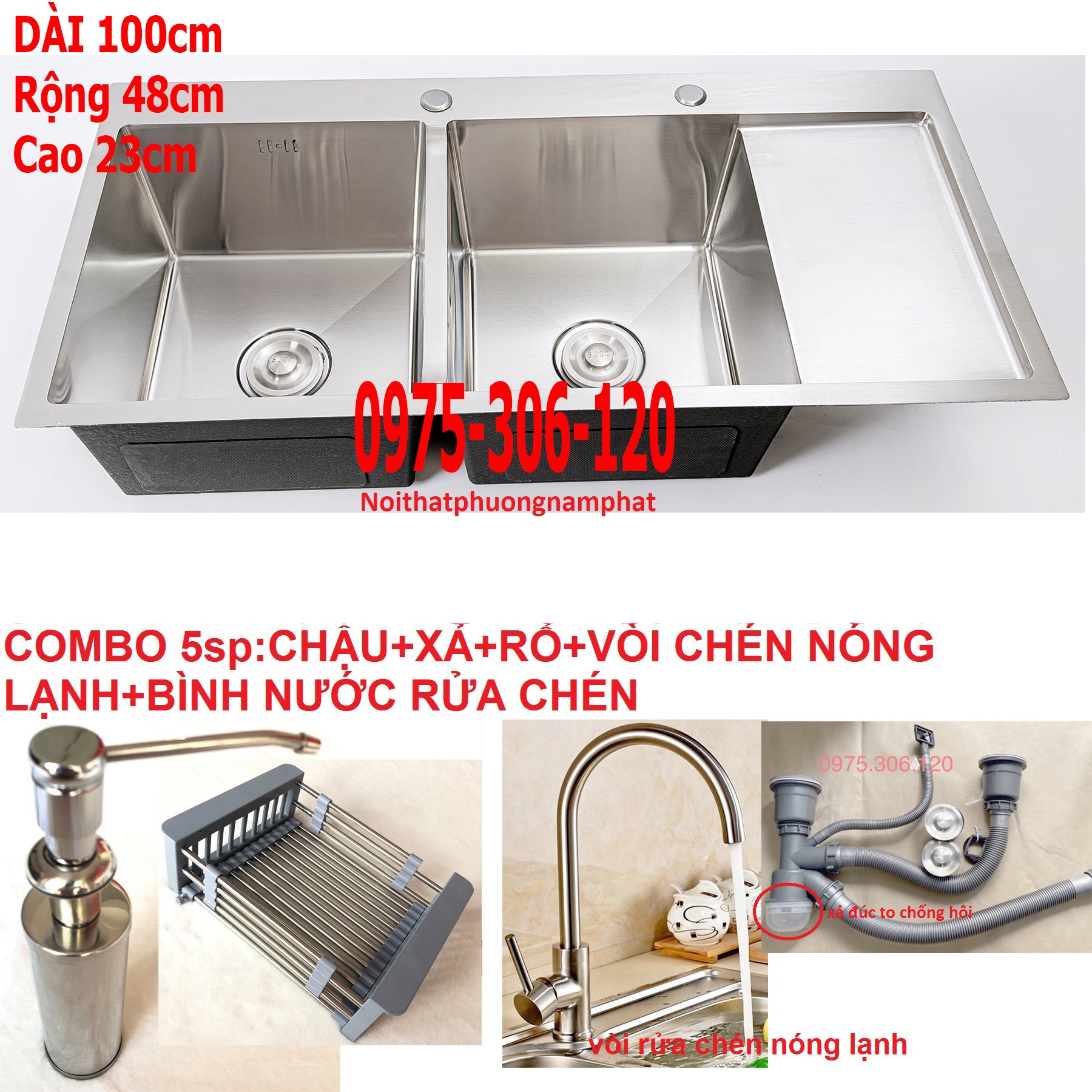 [HCM][CHẬU ĐÚC] Combo Chậu Rửa Chén Bát INOX 304 N1 10048 NA.GRAND và Xả Thoát Nước và Rổ Đa Năng và Vòi Rửa Chén Nóng Lạnh và Bình Nước Rửa Chén GIÁ SIÊU RẺ HÀNG ĐẢM BẢO