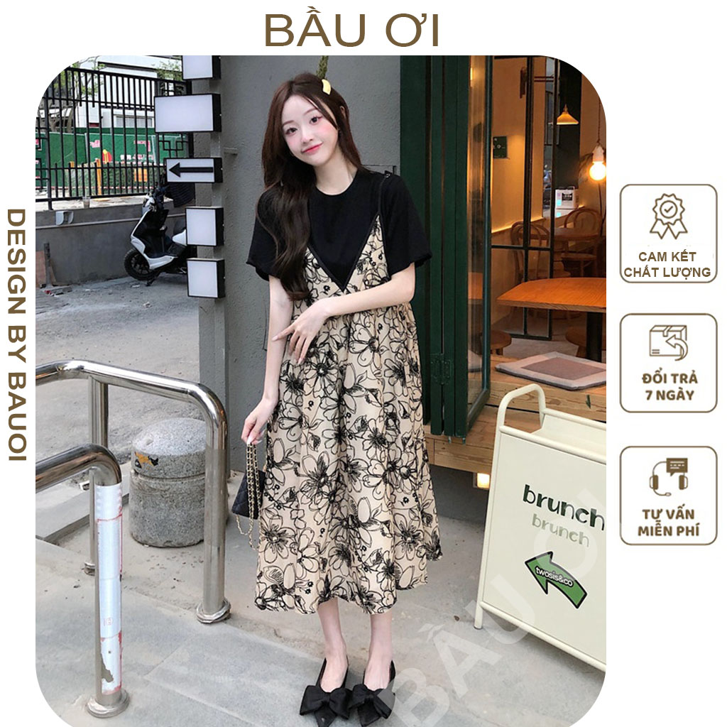Set đầm yếm bầu gồm váy 2 dây chất voan lụa và áo thun đẹp - váy bầu công sở dáng 2 dây cực xinh