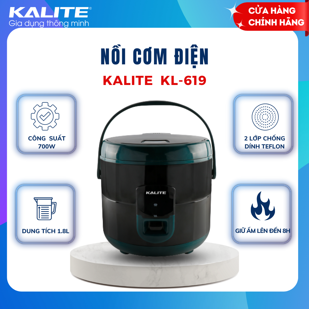 Nồi cơm điện Kalite KL-619, công suất 700W, dung tích 1.8L, nấu ăn đa dạng, đa chức năng, nấu cơm ngon hơn với công nghệ đặc biệt của Hàn Quốc, thiết kế sang trọng độc đáo