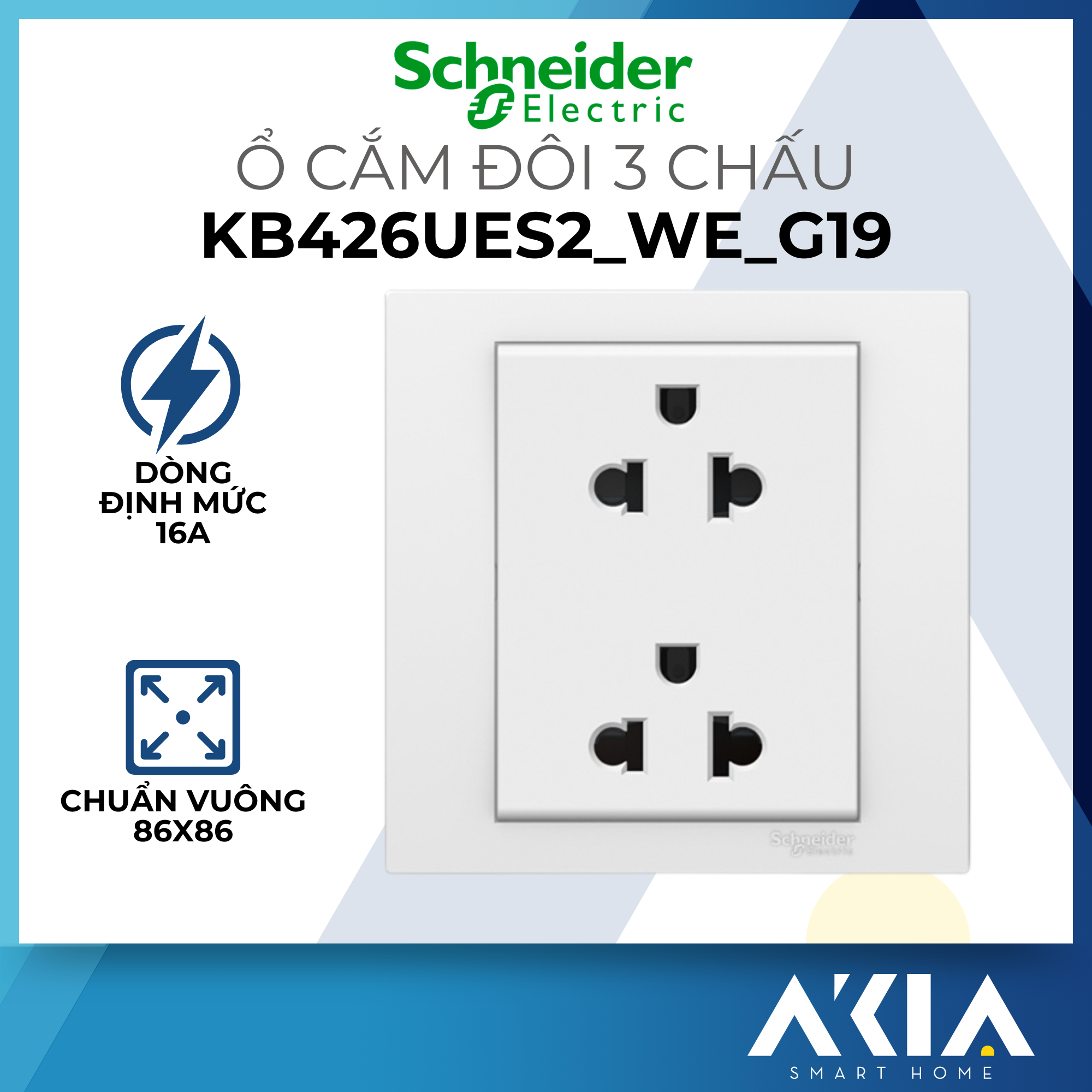 Ổ cắm đôi 3 chấu schneider kb426ues2_we_g19 vivace - dòng 16a, màu trắng, chuẩn vuông 86x86 - bh 12 tháng