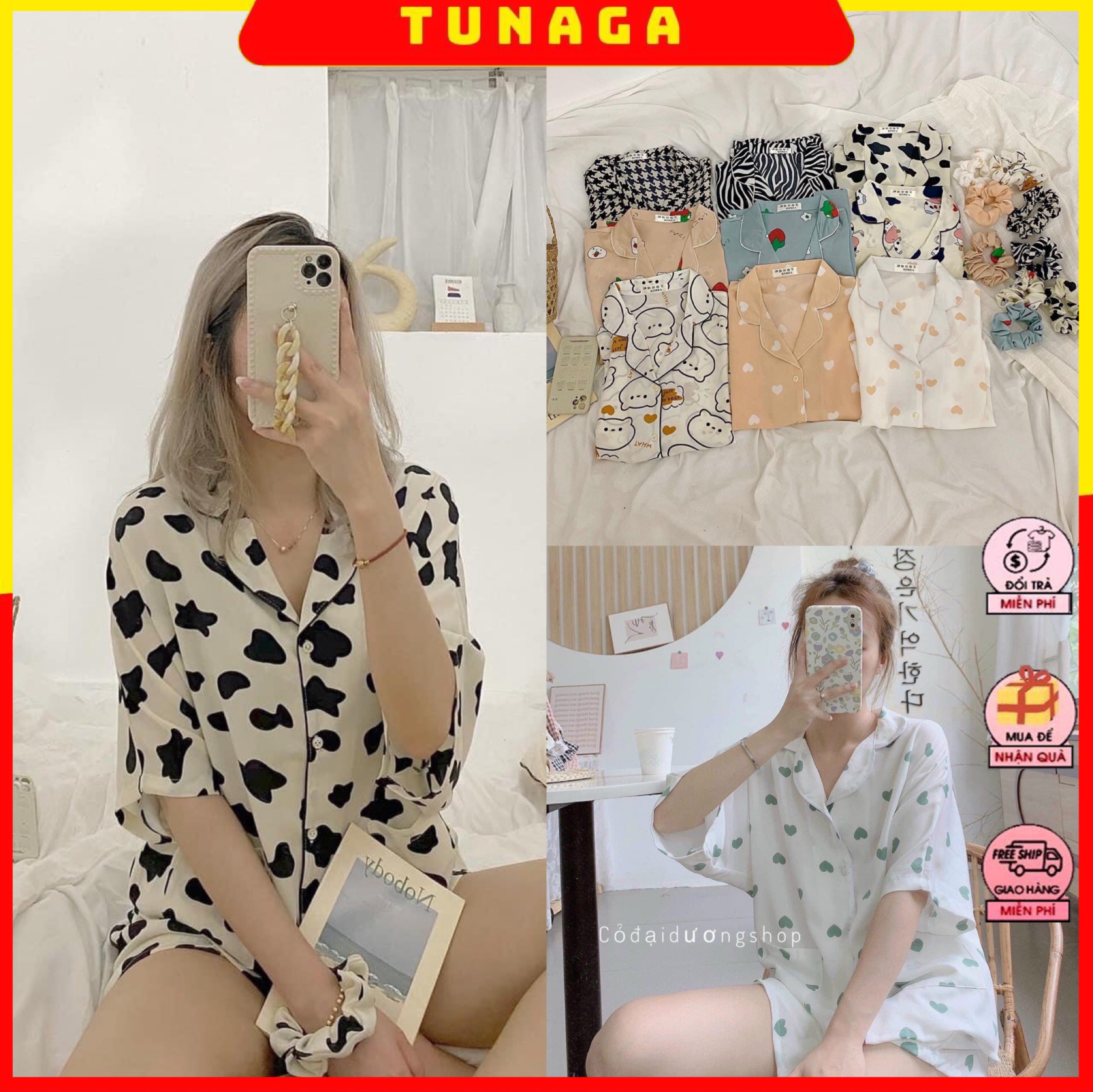 Bộ mặc nhà pijama, bộ đồ lụa siêu mát áo cộc quần cộc hình siêu xinh kèm dây buộc tóc