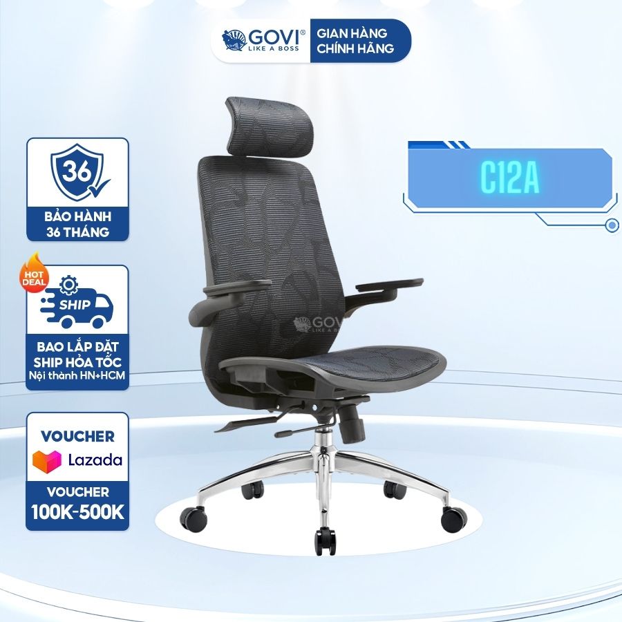 Ghế công thái học Ergonomic GOVI Como C12A - Tựa đầu điều chỉnh độ cao, lưng và đệm bọc vải lưới 3D, thiết kế tinh tế