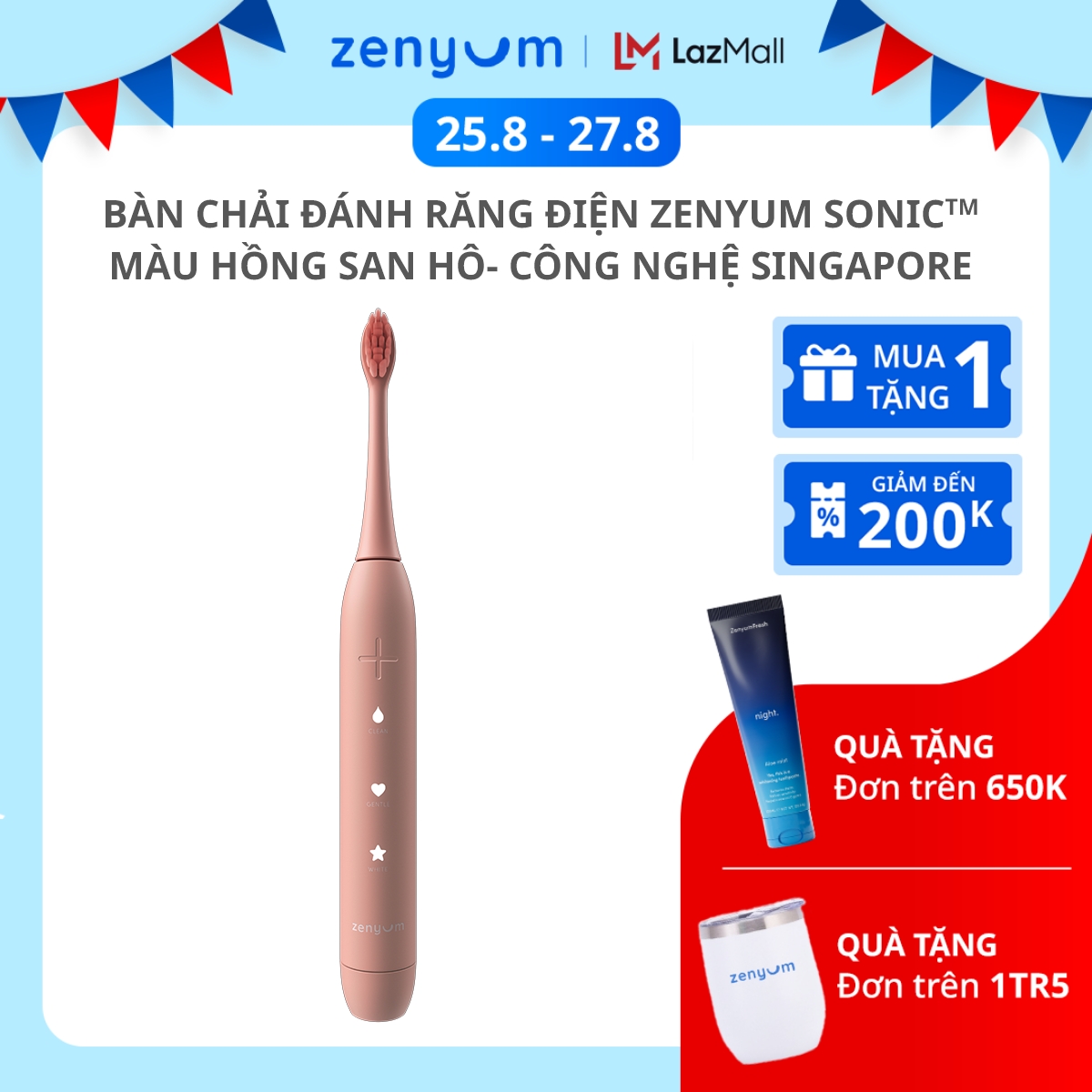 Bàn Chải Điện Zenyum Sonic Màu Hồng San Hô - Công Nghệ Singapore