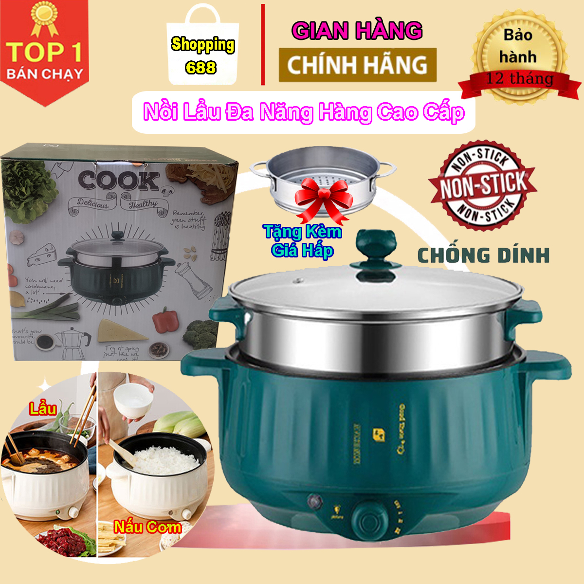 [BH 12 THÁNG] Nồi Lẩu Đa Năng 3 Nấc Nhiệt - Nồi Lẩu Điện Đa Năng, Kèm Giá Hấp inox, Vân Đá Chống Dính, Bếp Lẩu Điện Đa Năng, Nồi Lẩu Mini Đa Năng, Bếp Điện Mini, Nồi Lẩu Hấp Đa Năng, Nồi Lẩu Điện Nhật, Nồi Lẩu Mini