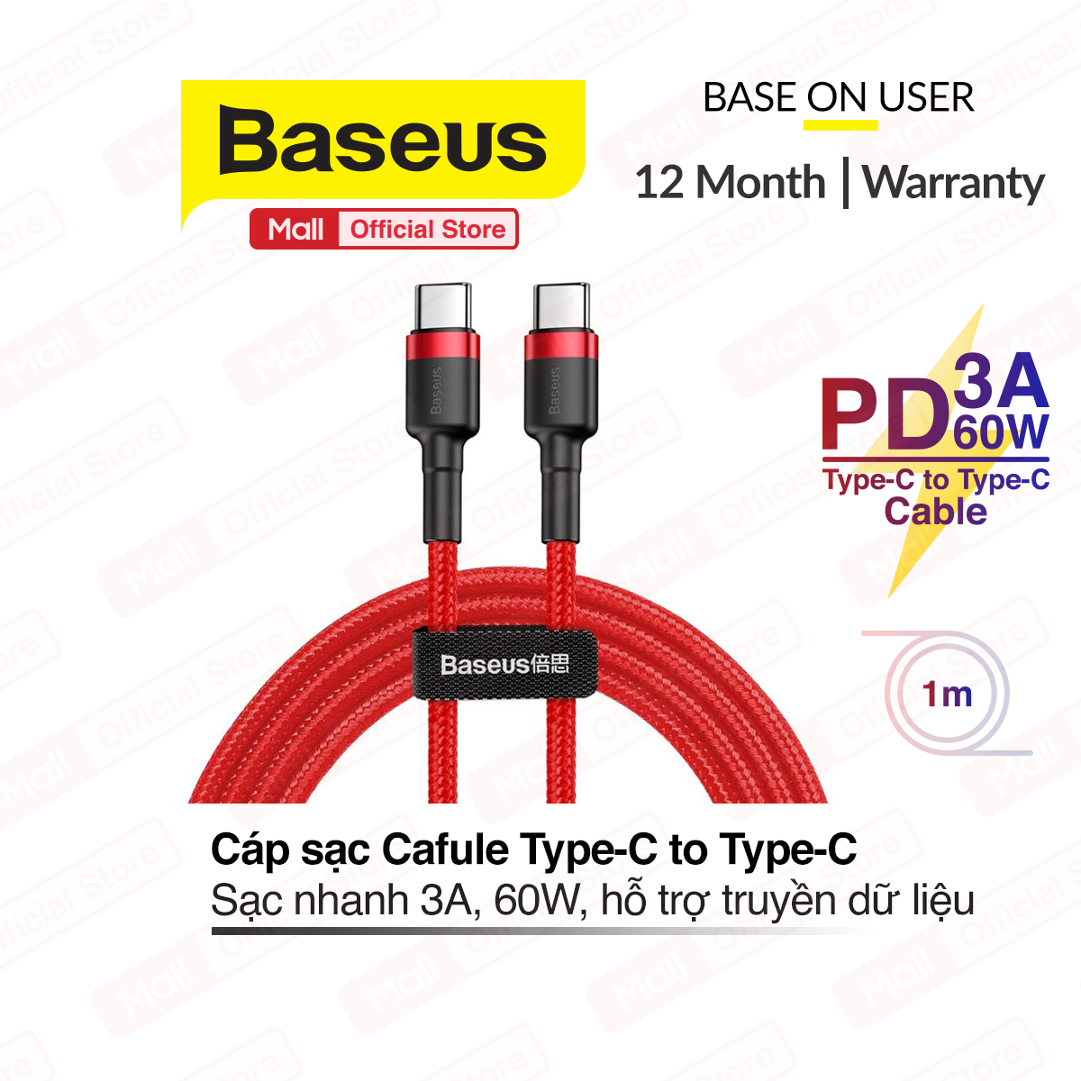 Cáp sạc nhanh và truyền dữ liệu Baseus 60W Cafule Series Type-C 60W PD2.0 Cable Type-C to Type-C, hỗ trợ sạc nhanh 3.0, truyền dữ liệu tốc độ cao 480Mbps