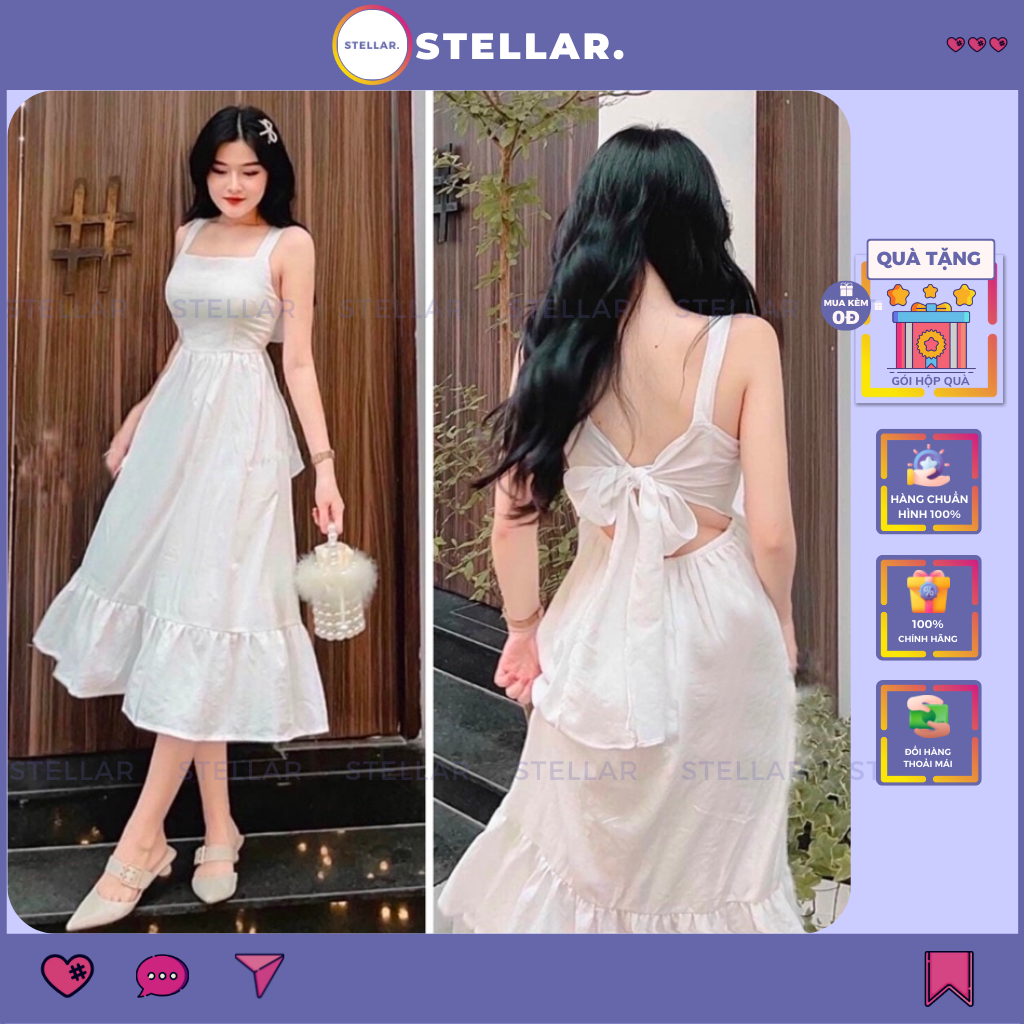 Đầm váy nữ đi biển hai dây nơ sau đuôi cá màu trắng
