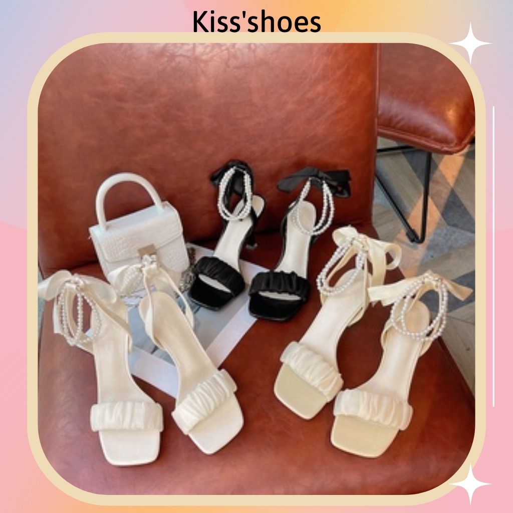Giày nữ cao gót giày sandal gót 7p cột nơ quai cườm xinh