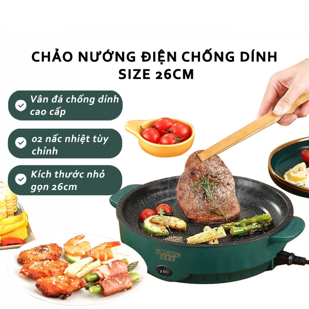 Chảo Nướng Điện Mini Đa Năng 26cm Công Suất 600W Bếp Nướng Điện Chống Dính Vân Đá Cao Cấp, Nướng Thịt BBQ Hàn Quốc