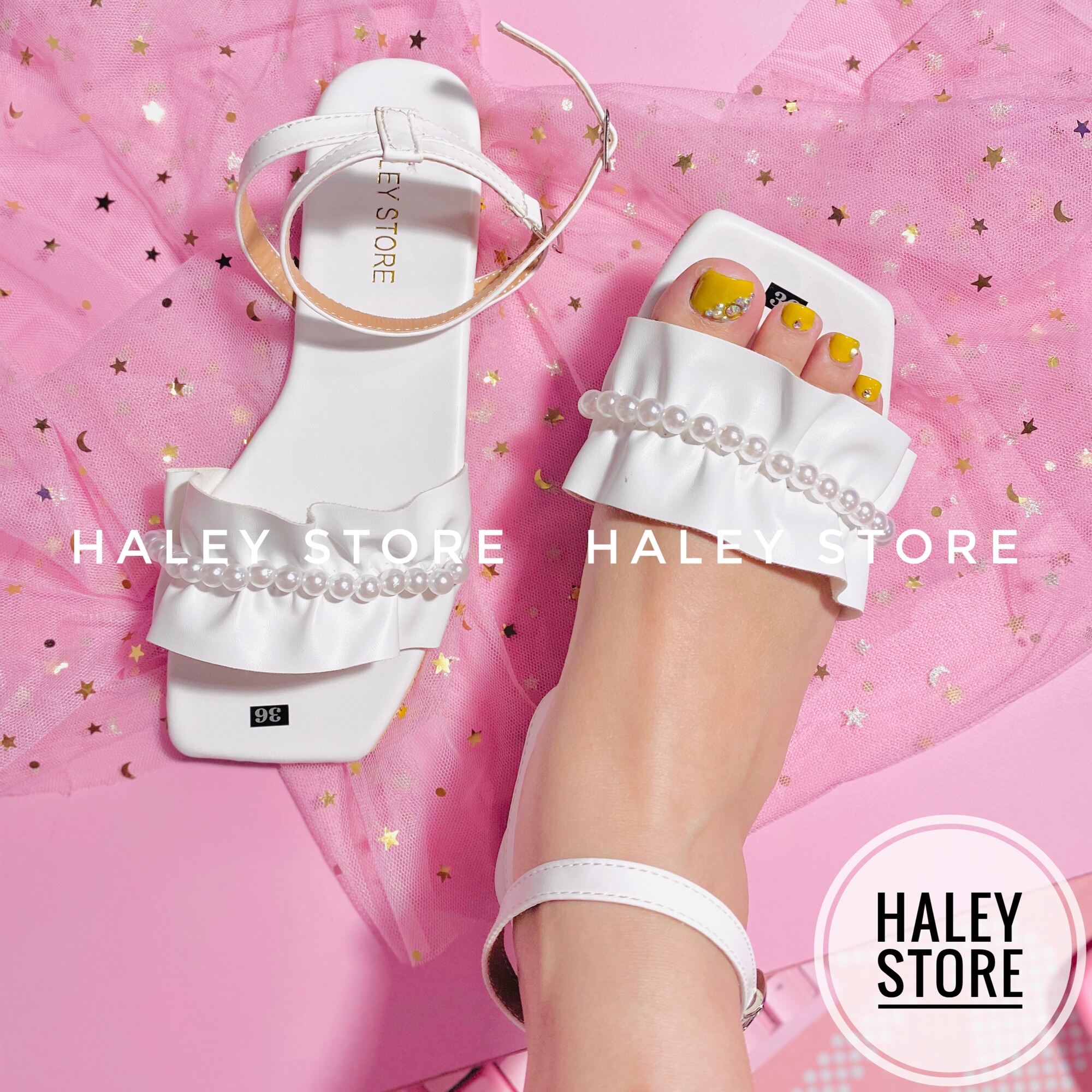 Giày sandal nữ HALEY STORE đế bệt quai ngang bèo nhún nhúm nhúng đính ngọc tiểu thư công chúa rẻ bền đi chơi đi học
