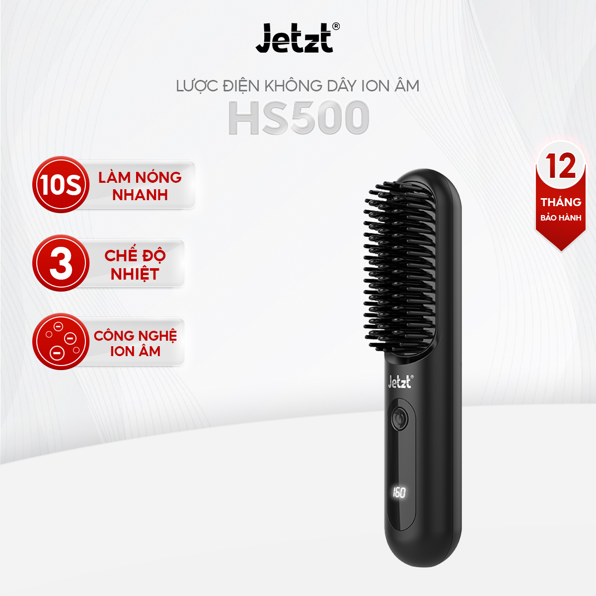 Lược điện không dây ion âm Jetzt HS500, tạo kiểu chăm tóc mềm mượt - sạc điện, dễ mang theo