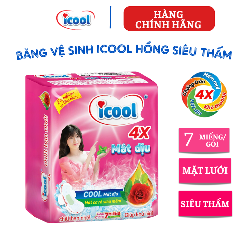{Hàng chính hãng} Băng vệ sinh ICOOL Siêu Thấm  Hồng 4X gói 7 miếng, BVS ban ngày 24cm, có cánh, MẶT LƯỚI MỀM, bạc hà mát dịu {lốc 8 gói},
