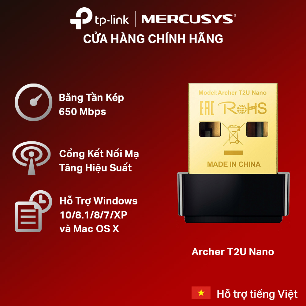 Bộ thu sóng usb wifi tp-link archer t2u nano băng tần kép chuẩn ac600 mbps