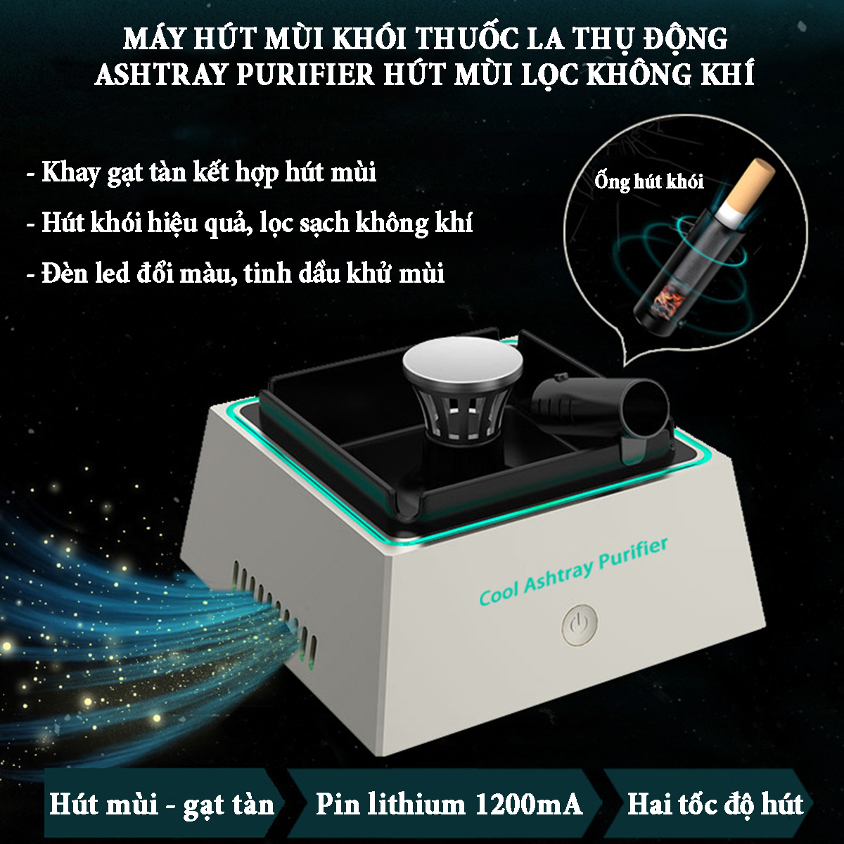  Máy hút mùi khói thuốc la thụ động Ashtray purifier 2 tốc độ gió công suất 3W dung lượng pin 1200mAh kết hợp gạt tàn lọc không khí có đèn led 