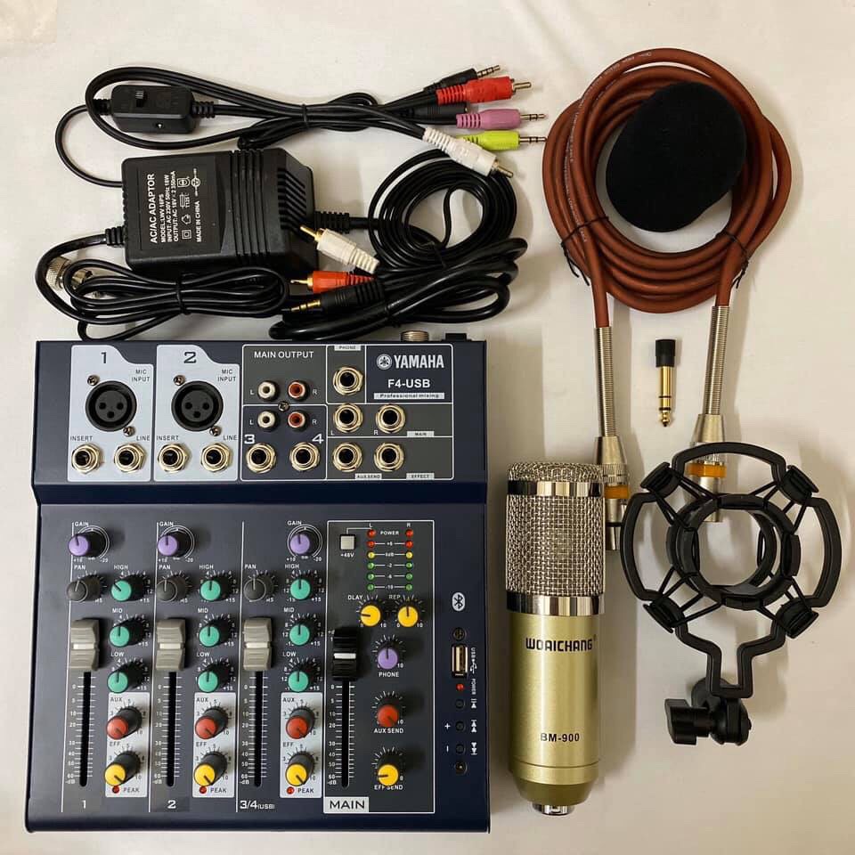 Bộ combo míc thu âm hát karaoke online bm900 bàn trộn âm thanh mixer yamaha f4 usb