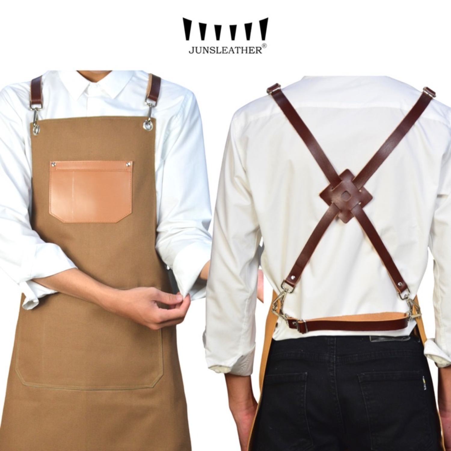 Tạp dề pha chế vải canvas dây da của Junsleather phối da bò cao cấp dành cho Barista/Bartender