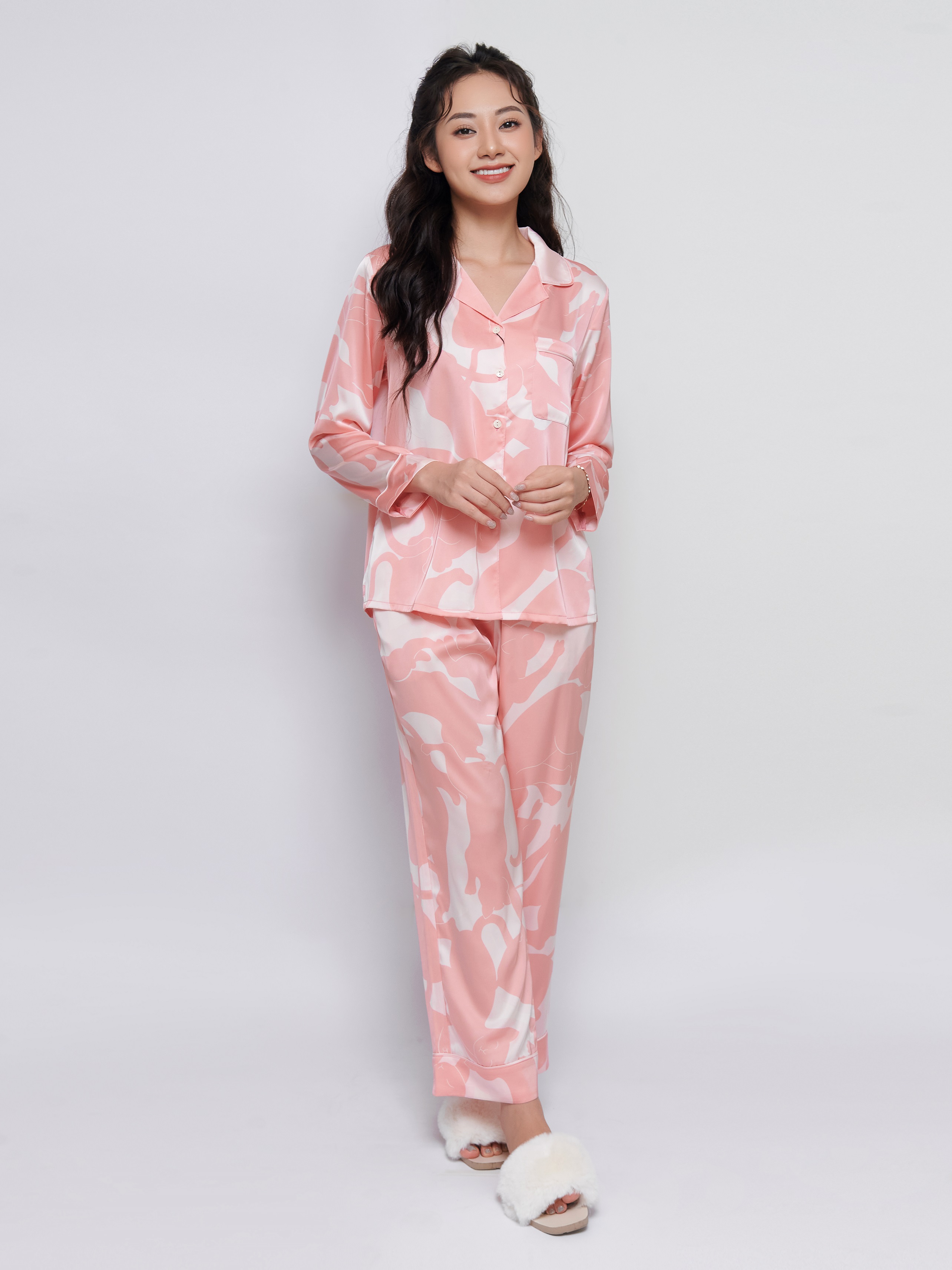 Winny - bộ đồ dài suông lụa satin nữ mặc nhà 1mnsa22558d