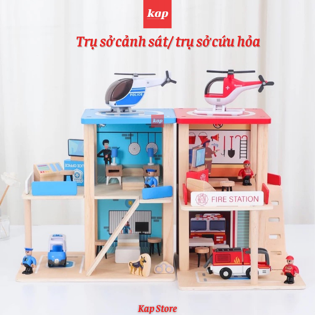 Bộ đồ chơi nhà cảnh sát 3 tầng, nhà cứu hỏa, phụ kiện chơi kèm đường ray xe lửa gỗ