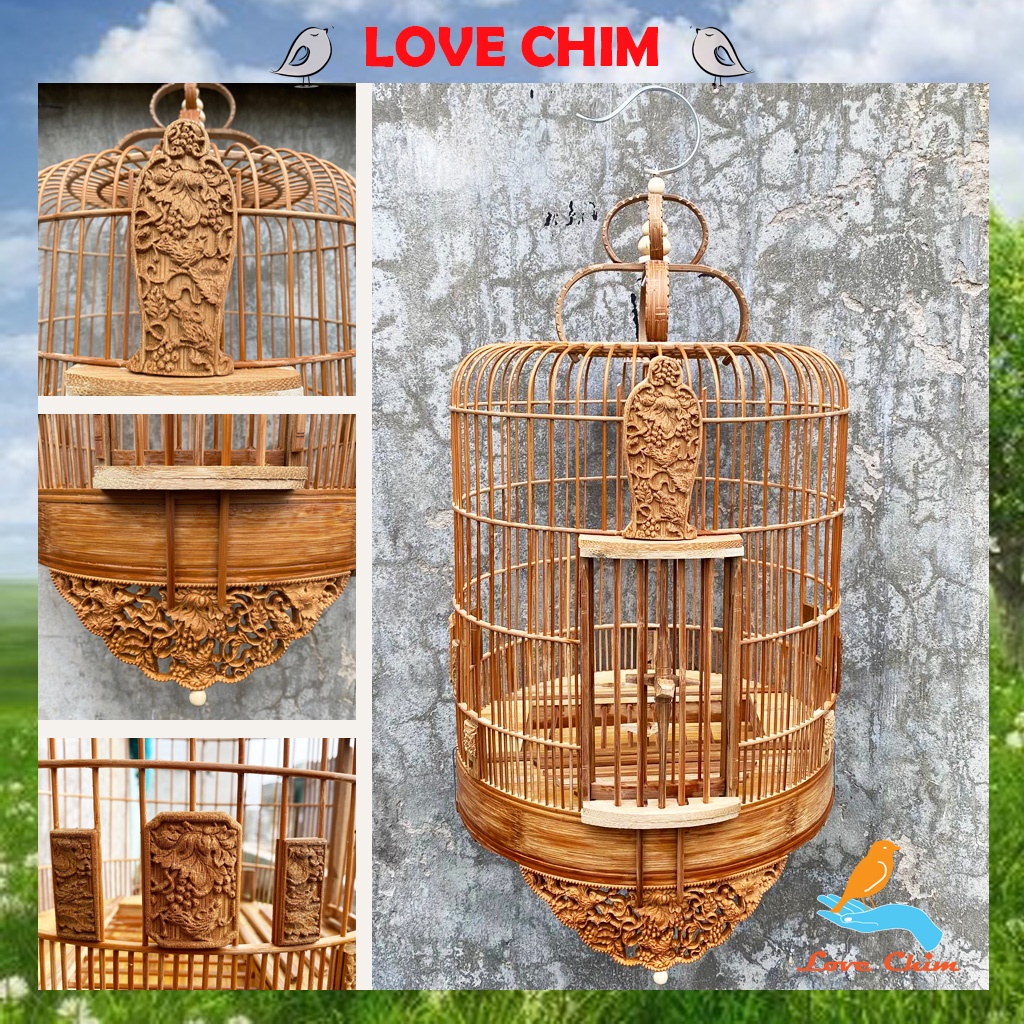 Lồng chim Họa Mi đục đẹp, Lồng chim Mi chất liệu trúc già đục họa tiết sắc nét, Lồng Họa Mi