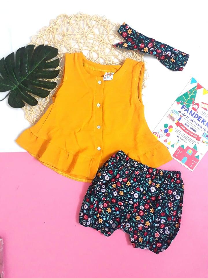 Bộ quần áo bé gái chất liệu đũi. Bộ đũi bé gái từ 8-20kg kèm băng đô
