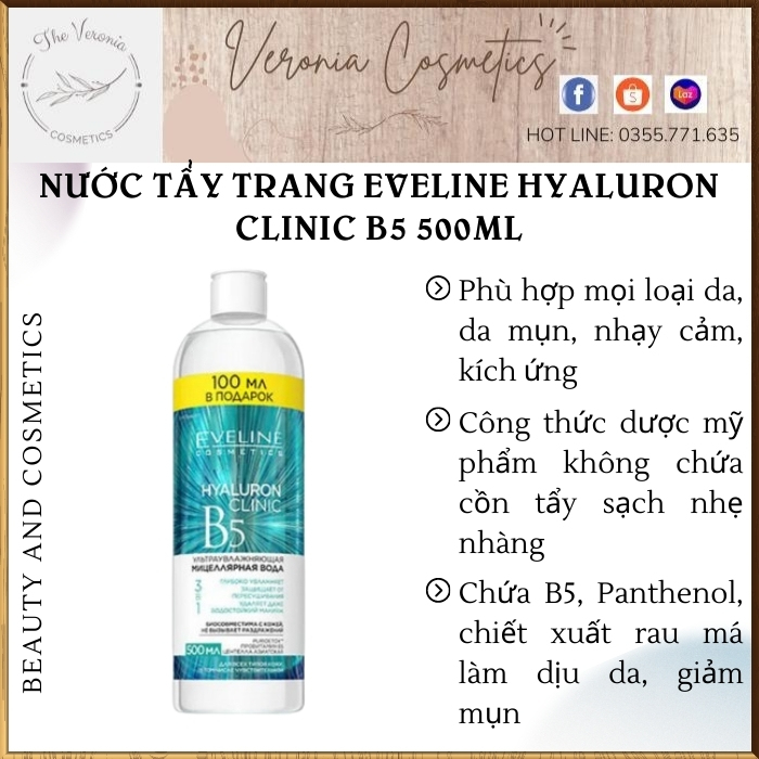 Nước tẩy trang Eveline Hyaluron Clinic B5 500ml làm dịu da