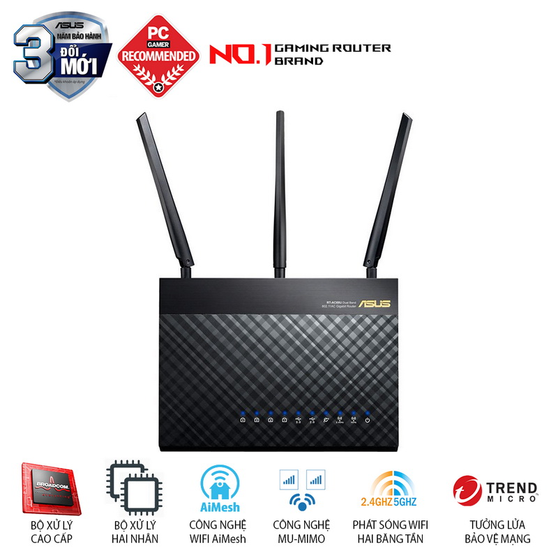 Thiết bị mạng asus rt-ac68u chuẩn ac1900 aimesh 360 wifi mesh 2 băng tần chipset broadcom aiprotection usb 3.0