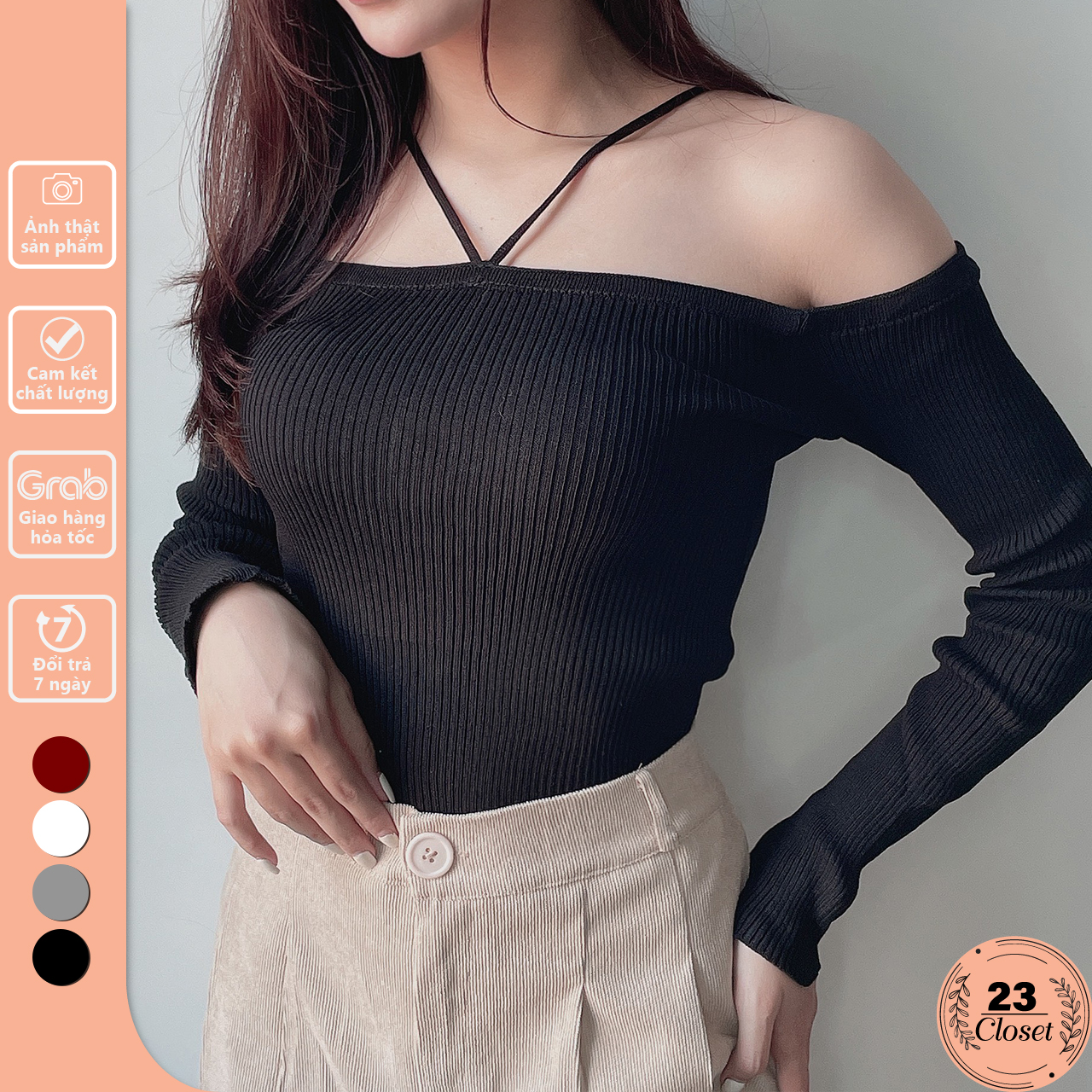 Áo len tăm tay dài trễ vai nữ hai dây kiểu Hàn Quốc dáng dài hở vai cao cấp chất co giãn tốt 23Closet