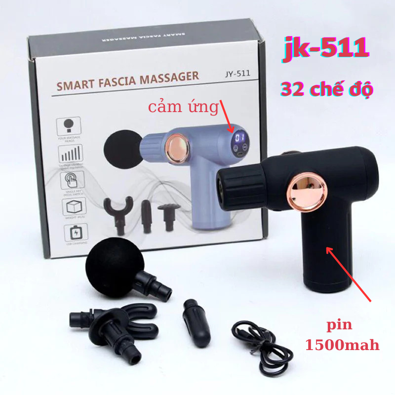 Máy massage cầm tay mini grss gun jk-511 4 đầu, cảm ứng 32 chế độ rung, động cơ mạnh mẽ - hàng chính hãng