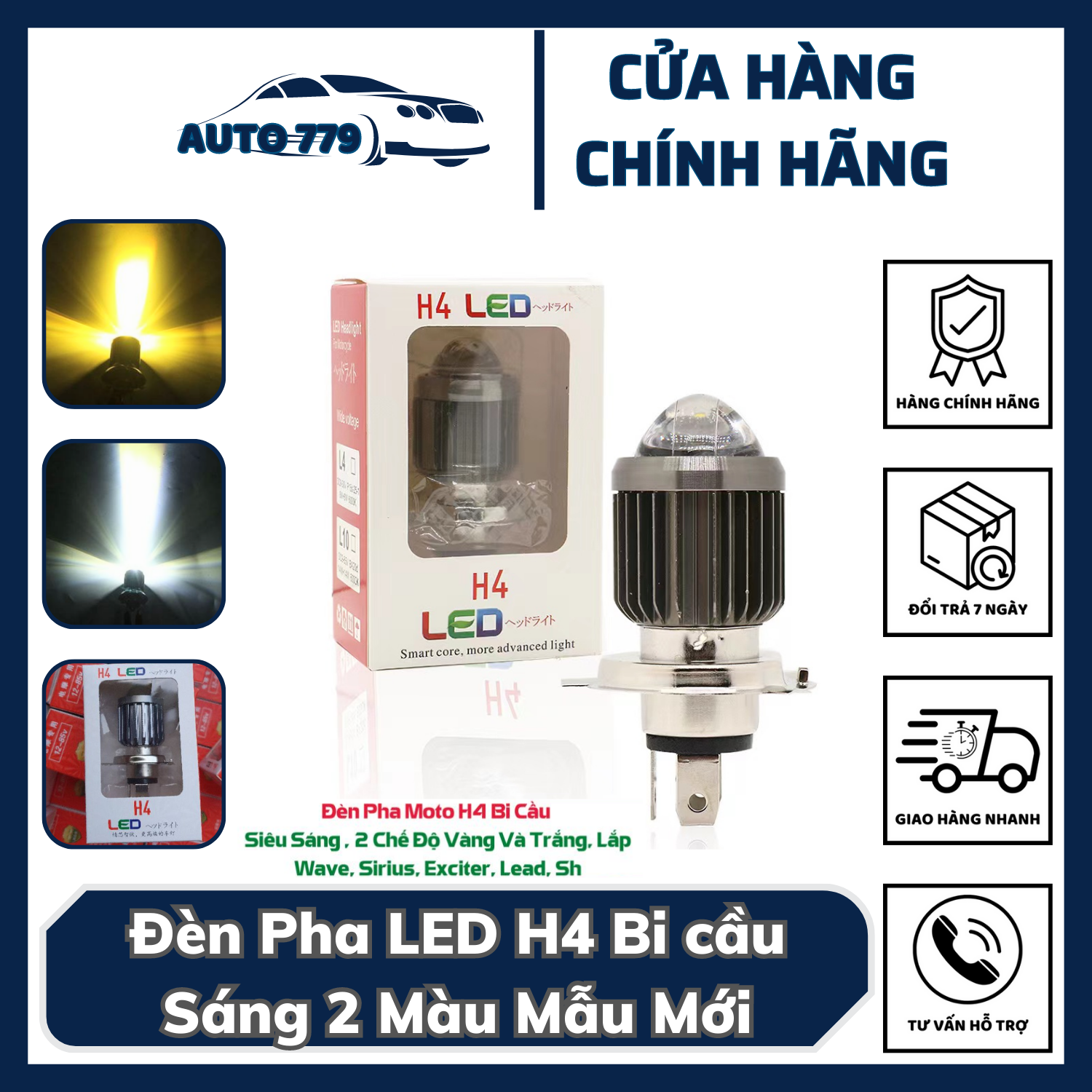 Đèn pha led h4 bi cầu sáng 2 màu mẫu mới