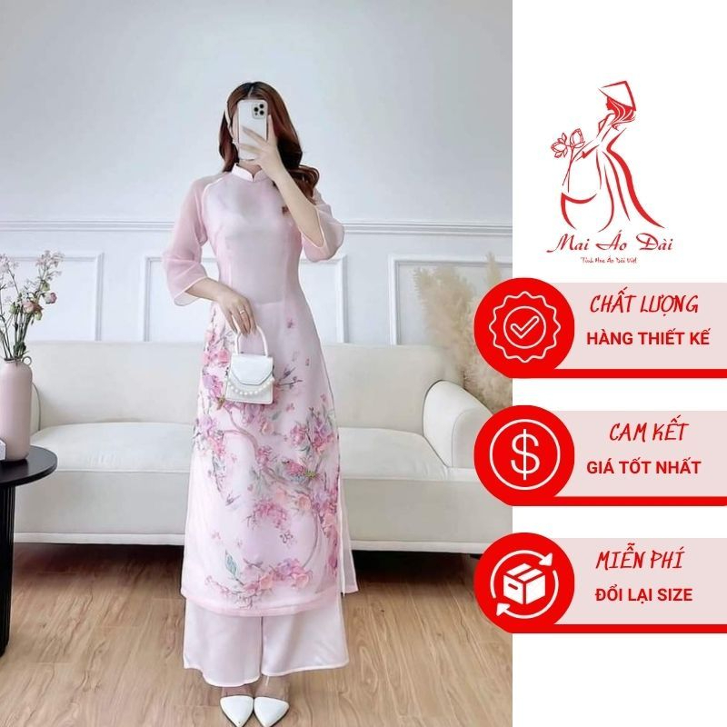 Áo dài cách tân nữ Mộc trà hoa đào hồng phấn 4 tà lót lụa cao cấp - Mai áo dài