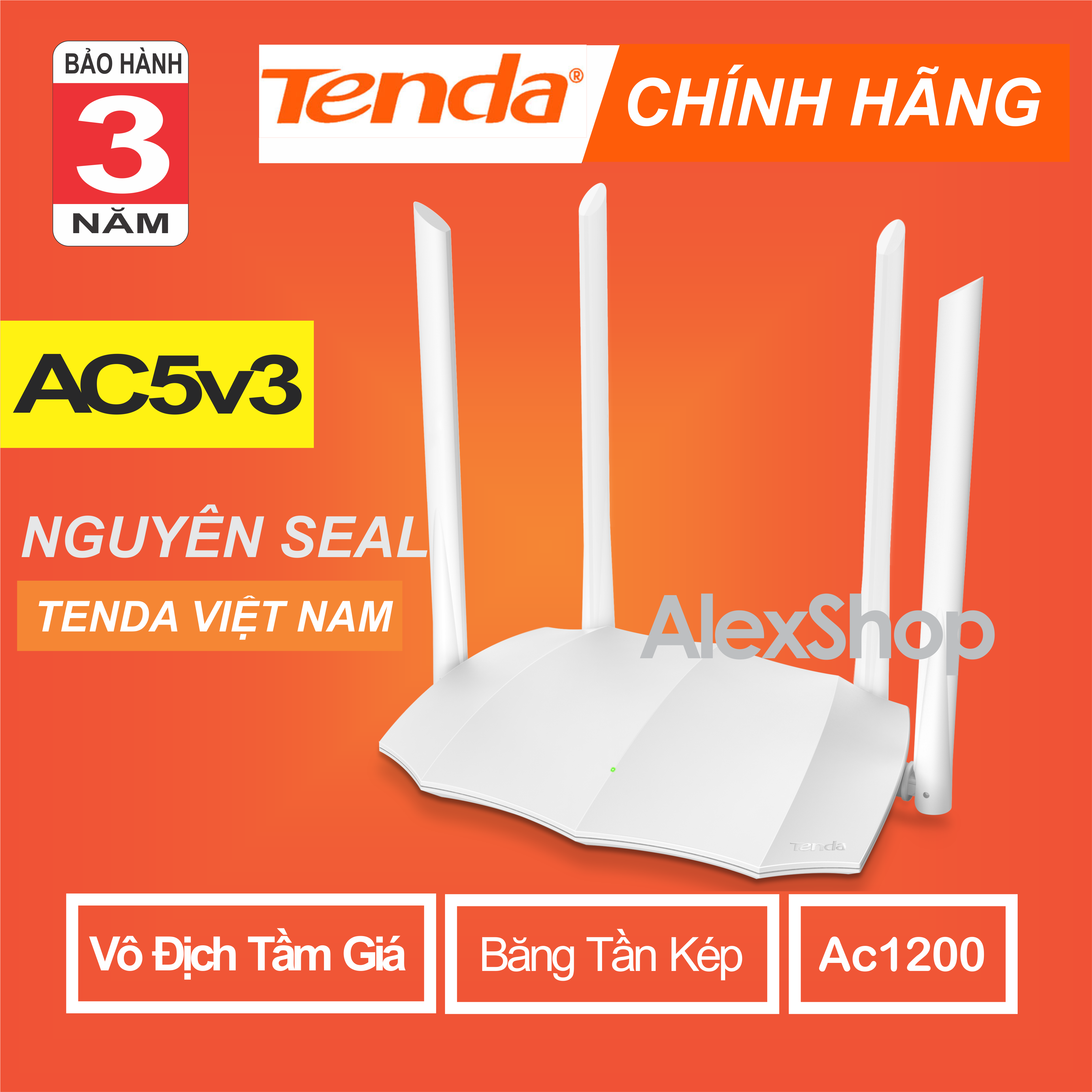 [Chính Hãng BH 3 Năm] Tenda AC5v3 Thiết Bị Phát Wifi AC1200M Băng Tần Kép 2.4G và 5G