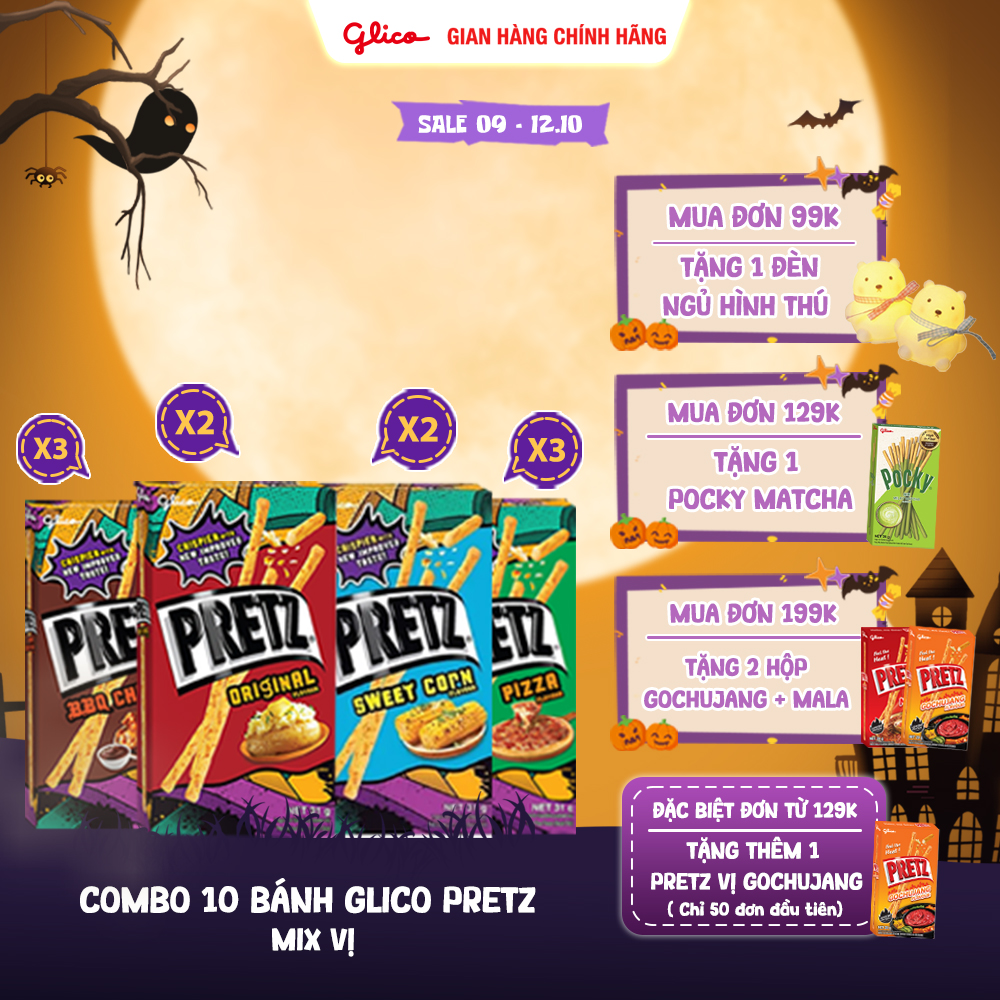 Combo 10 Hộp Bánh Que Nướng Giòn 4 Vị Glico Pretz (3 Khoai Tây - 3 BBQ - Gà - 2 Pizza - 2 Bắp)
