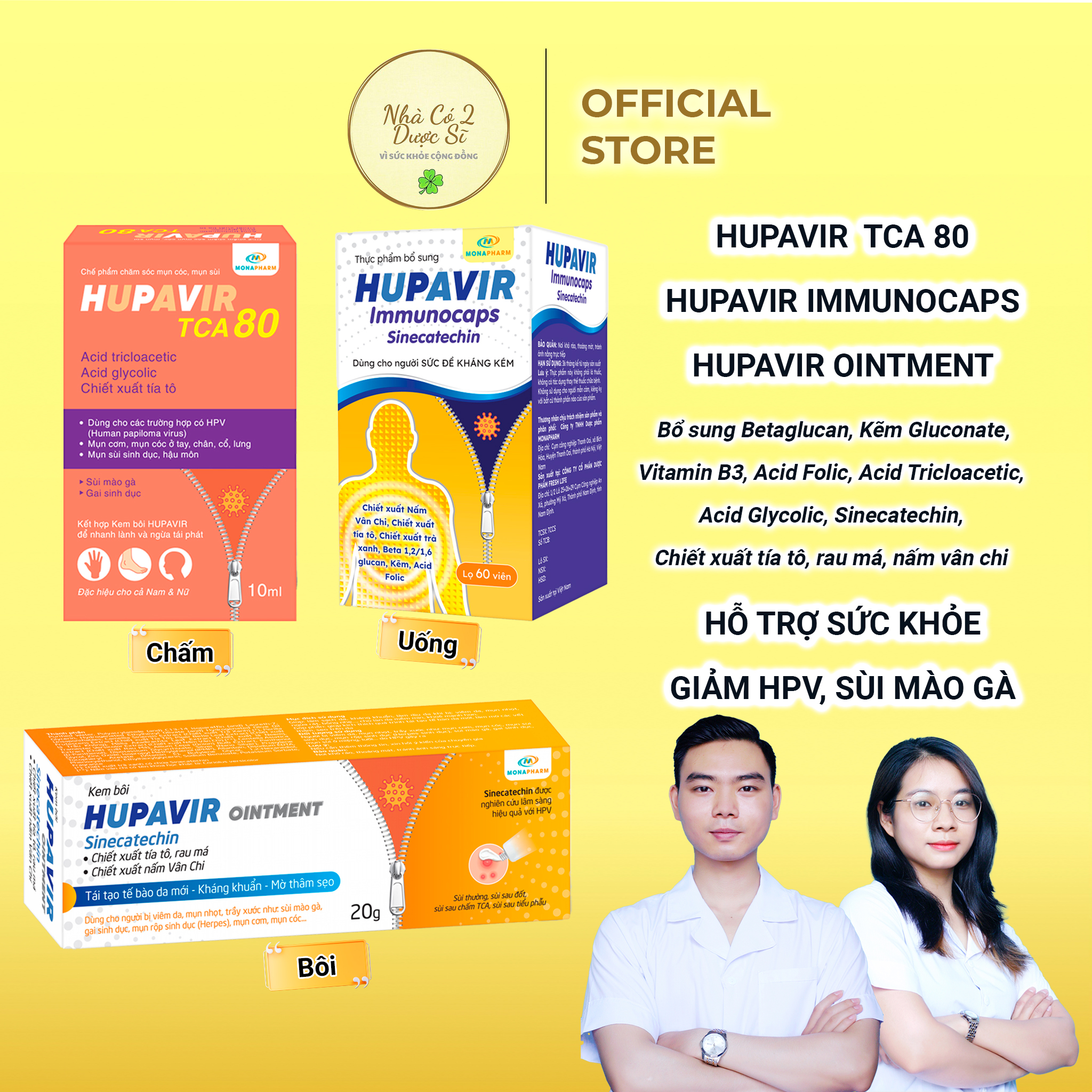 [Che tên] Bộ Chấm Bôi Uống rụng sùi mào gà Hupavir TCA, Hupavir Ointment, Hupavir Immunocaps - Tăng đề kháng, hỗ trợ giảm sùi mào gà