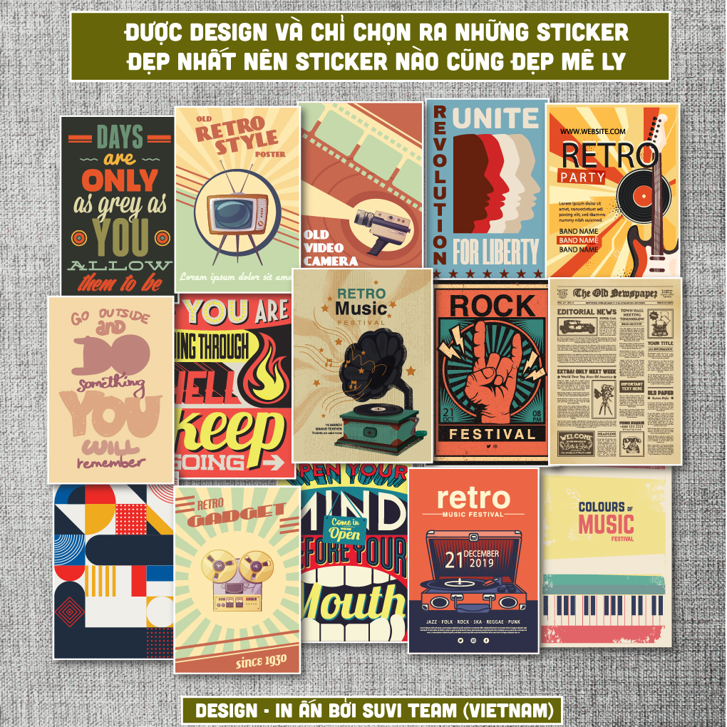 Sticker Vintage Set 1 chống nước dán laptop, điện thoại, đàn guitar, mũ bảo hiểm, vali.