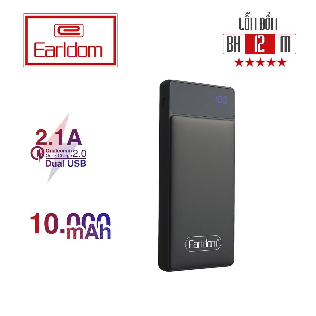 Pin sạc dự phòng earldom dung lượng 10.000mah pb-40 có đèn led cho điện thoại, máy tính bảng iphone, samsung, xiaomi, đồng hồ